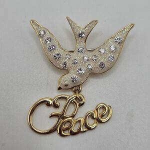 VINTAGE Danecraft White Enamel Rhinestone Peace Dove Brooch Pin Gold Tone Signed
